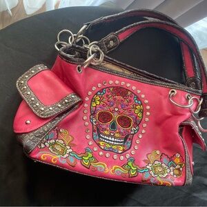 Embroidered Skull Red Handbag